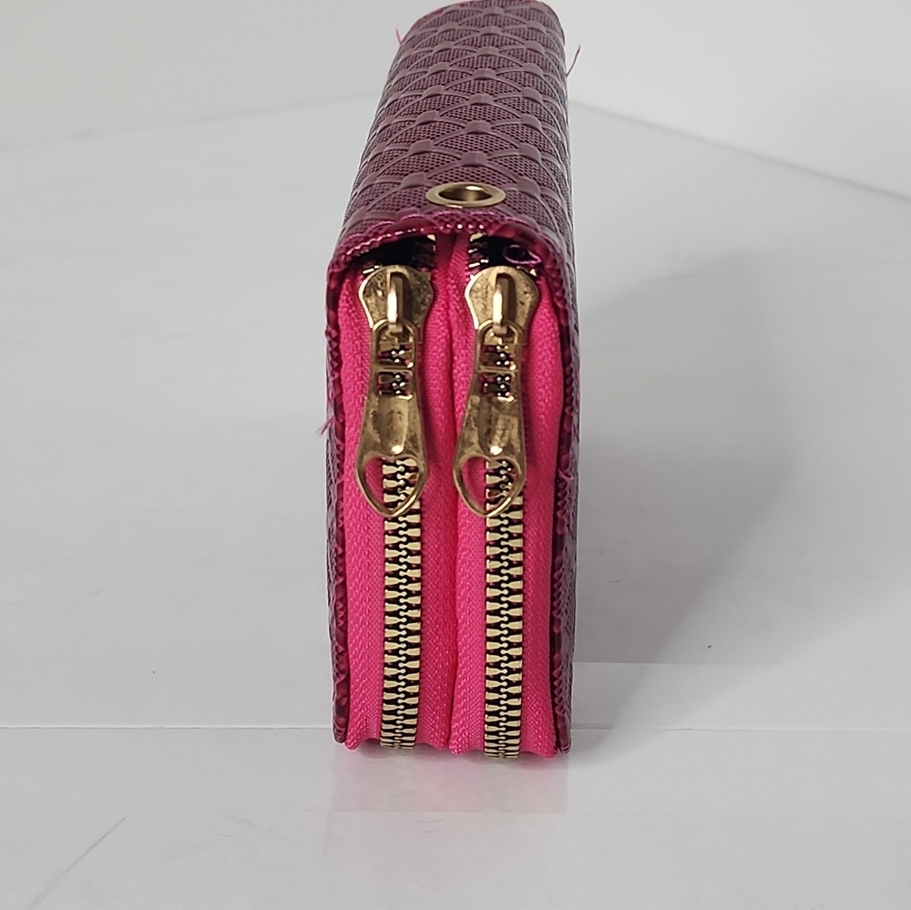 Woman's Multi Department Dark Pink Textured Small Double Zip Around Wallet - Picture 5 of 13